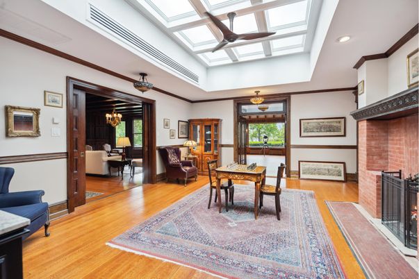 Dining room, Fireplace, Glass Ceilings, Interior, Recessed Lighting, Stone Walls, Wood Texture Flooring