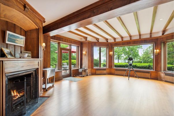 Fireplace, Interior, Recessed Lighting, Wooden Beams, Wood Texture Flooring, Wooden Walls