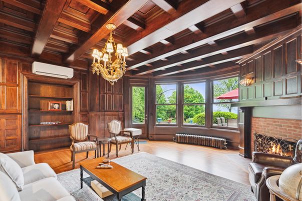 Chandelier, Fireplace, Interior, Living room, Stone Walls, Wooden Beams, Wooden Ceilings, Wood Texture Flooring, Wooden Walls