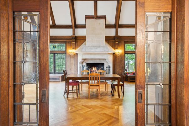 Dining room, Fireplace, Interior, Wooden Beams, Wood Texture Flooring