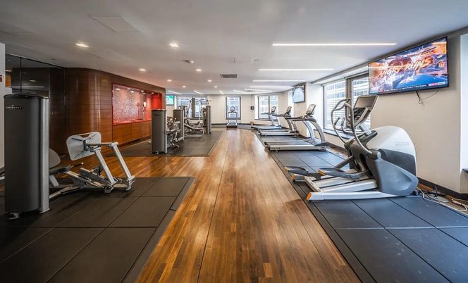 Fitness Equipment, Gym, Interior, Recessed Lighting, Wood Texture Flooring