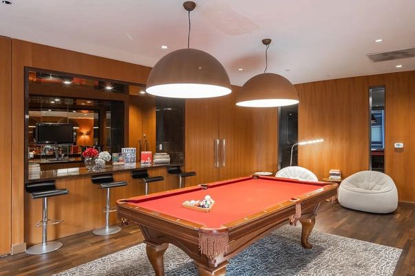Billiard Table, Game Room, Interior, Pendant Lights, Recessed Lighting, Wood Texture Flooring