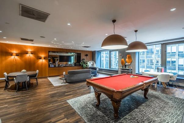 Billiard Table, Dining room, Game Room, Interior, Living room, Pendant Lights, Recessed Lighting, Wood Texture Flooring, Wooden Walls