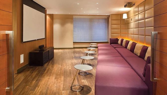 Interior, Projection Screen, Recessed Lighting, Theatre Room, Wood Texture Flooring