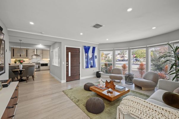 Dining room, Interior, Kitchen, Living room, Pendant Lights, Recessed Lighting, Stainless Steel Appliances, Wood Texture Flooring