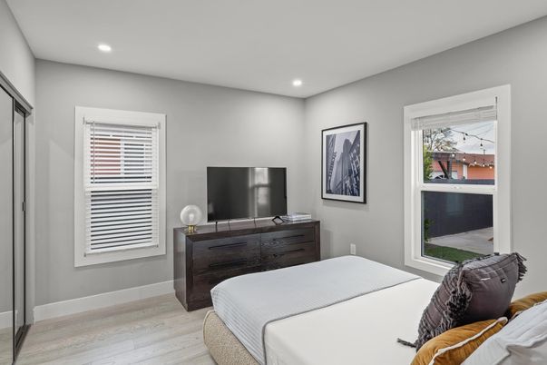 Bedroom, Interior, Recessed Lighting, Wood Texture Flooring