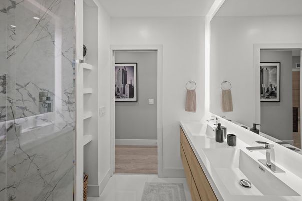 Bathroom, Dual Sink Vanities, Interior, Marble Walls, Wood Texture Flooring