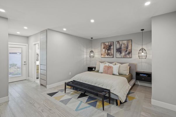 Bedroom, Interior, Pendant Lights, Recessed Lighting, Wood Texture Flooring