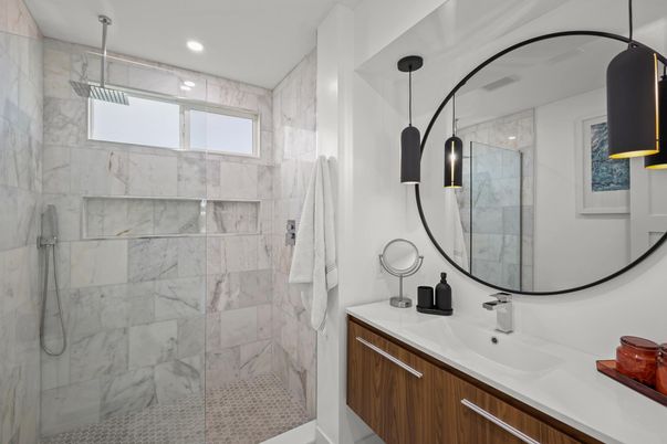 Bathroom, Glass Shower, Interior, Marble Walls, Pendant Lights, Recessed Lighting