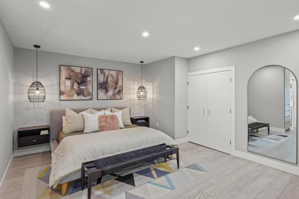 Bedroom, Interior, Pendant Lights, Recessed Lighting, Wood Texture Flooring