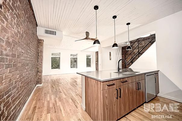 Interior, Kitchen, Pendant Lights, Stone Walls, Wood Texture Flooring