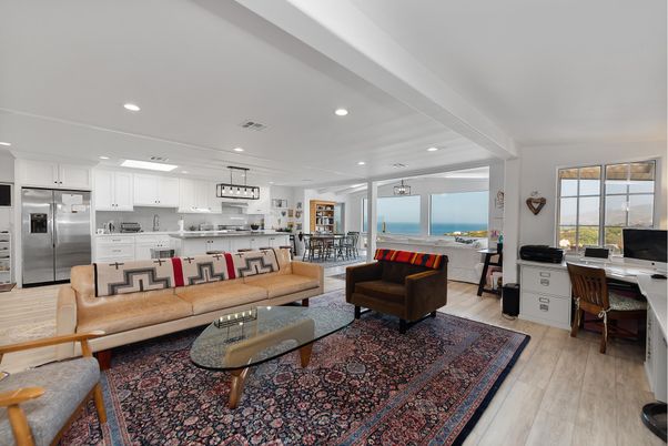 Dining room, Interior, Kitchen, Living room, Pendant Lights, Recessed Lighting, Stainless Steel Appliances, Water, Wood Texture Flooring