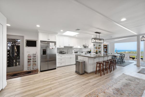 Interior, Kitchen, Pendant Lights, Recessed Lighting, Stainless Steel Appliances, Water, Wood Texture Flooring