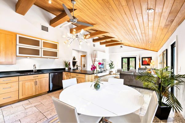 Dining room, Interior, Kitchen, Living room, Recessed Lighting, Wooden Beams, Wooden Ceilings