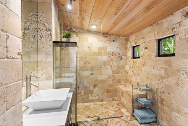 Bathroom, Free Standing Baths, Interior, Recessed Lighting, Stone Walls, Wooden Ceilings