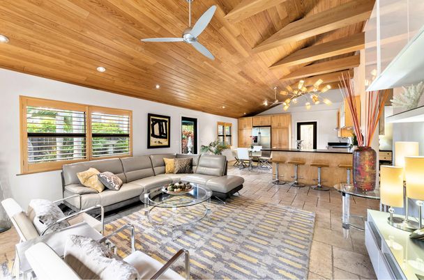 Dining room, Interior, Kitchen, Living room, Recessed Lighting, Wooden Beams, Wooden Ceilings