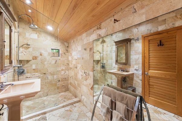 Bathroom, Interior, Recessed Lighting, Stone Walls, Wooden Ceilings