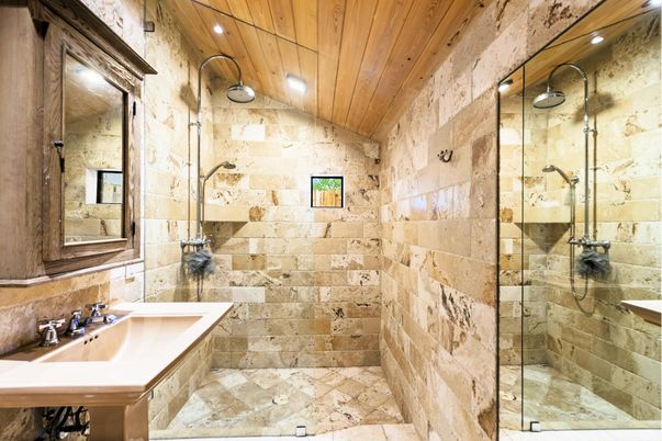Bathroom, Glass Shower, Interior, Recessed Lighting, Stone Walls, Wooden Ceilings