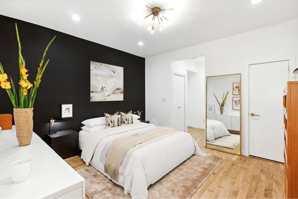 Bedroom, Interior, Recessed Lighting, Wood Texture Flooring