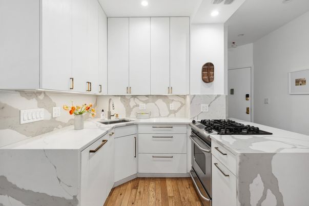 Interior, Kitchen, Marble Walls, Recessed Lighting, Wood Texture Flooring