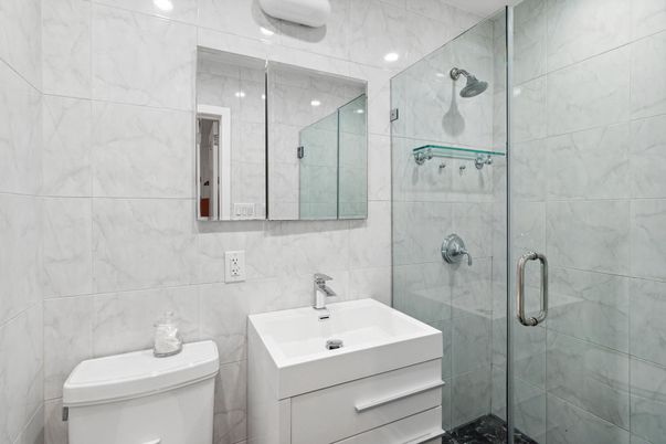 Bathroom, Glass Shower, Interior, Marble Walls, Recessed Lighting