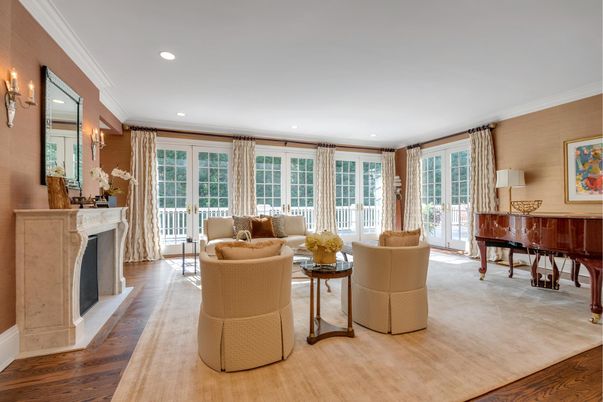 Fireplace, Interior, Living room, Piano, Recessed Lighting, Wood Texture Flooring