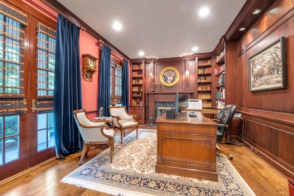 Fireplace, Home Office, Interior, Recessed Lighting, Wood Texture Flooring, Wooden Walls