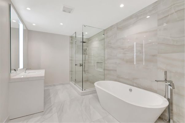 Bathroom, Dual Sink Vanities, Free Standing Baths, Glass Shower, Interior, Marble, Marble Walls, Recessed Lighting
