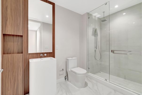Bathroom, Glass Shower, Interior, Marble, Recessed Lighting