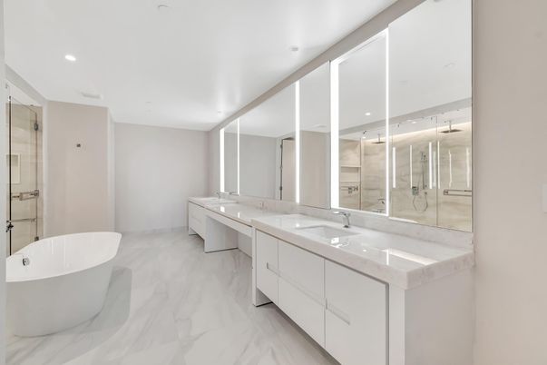 Bathroom, Dual Sink Vanities, Free Standing Baths, Glass Shower, Interior, Marble, Recessed Lighting