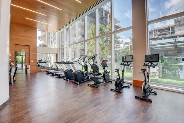 Fitness Equipment, Gym, Interior, Recessed Lighting, Wood Texture Flooring