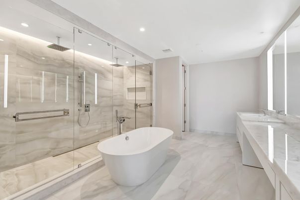 Bathroom, Dual Sink Vanities, Free Standing Baths, Glass Shower, Interior, Marble, Recessed Lighting