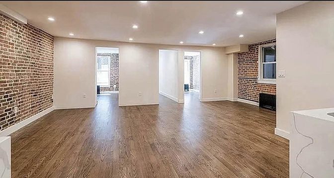 Empty room, Interior, Recessed Lighting, Stone Walls, Wood Texture Flooring