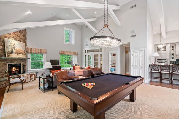 Billiard Table, Chandelier, Fireplace, Game Room, Interior, Living room, Pendant Lights, Recessed Lighting