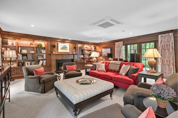 Fireplace, Interior, Living room, Recessed Lighting, Wooden Walls