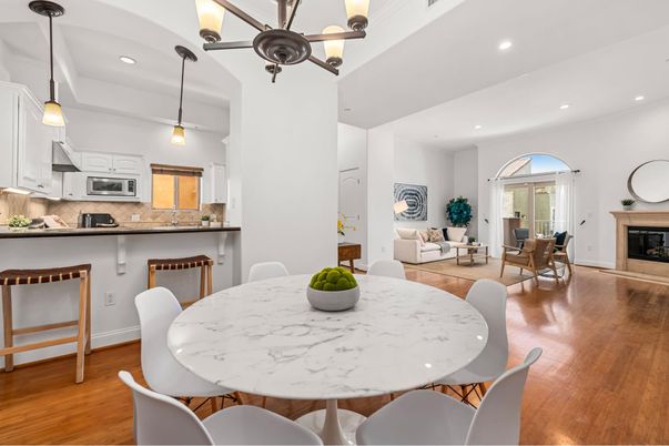 Dining room, Fireplace, Interior, Kitchen, Living room, Pendant Lights, Recessed Lighting, Wood Texture Flooring