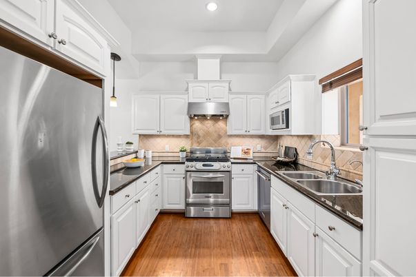 Interior, Kitchen, Pendant Lights, Recessed Lighting, Stainless Steel Appliances, Wood Texture Flooring