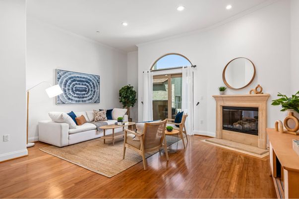 Fireplace, Interior, Living room, Recessed Lighting, Wood Texture Flooring