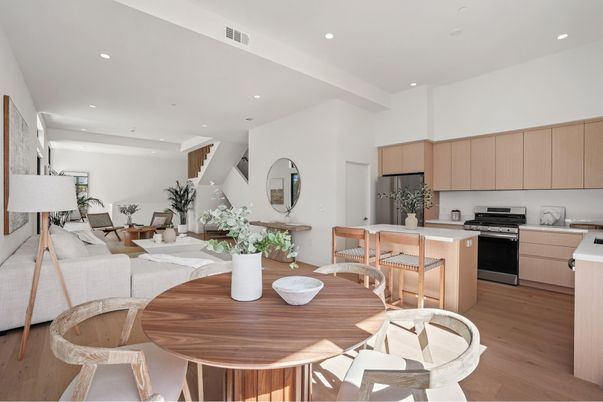 Dining room, Interior, Kitchen, Living room, Recessed Lighting, Stainless Steel Appliances, Wood Texture Flooring