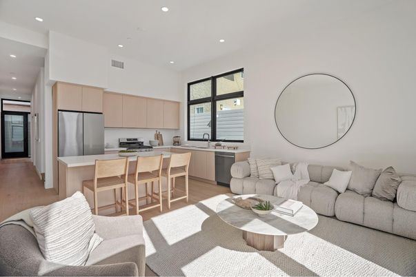 Interior, Kitchen, Living room, Recessed Lighting, Stainless Steel Appliances, Wood Texture Flooring