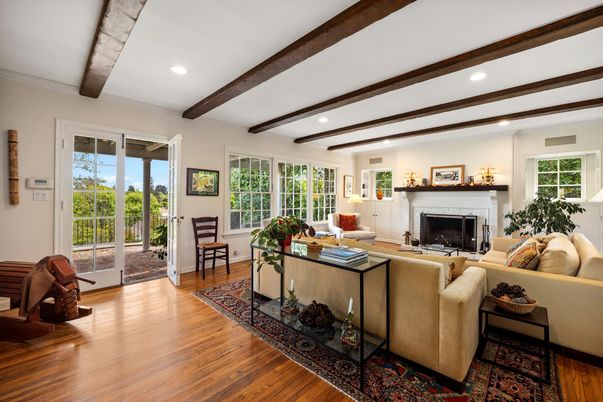 Fireplace, Interior, Living room, Recessed Lighting, Wooden Beams, Wood Texture Flooring