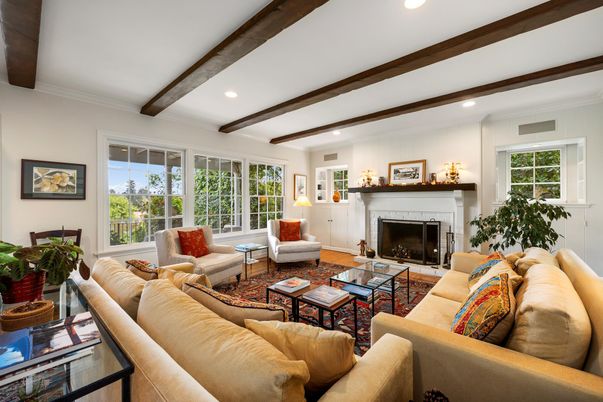 Fireplace, Interior, Living room, Recessed Lighting, Wooden Beams