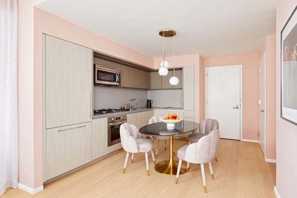 Dining room, Interior, Kitchen, Pendant Lights, Stainless Steel Appliances, Wood Texture Flooring