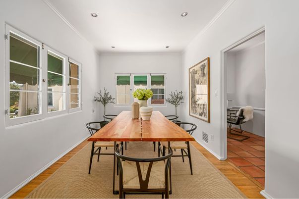 Dining room, Interior, Recessed Lighting, Wood Texture Flooring
