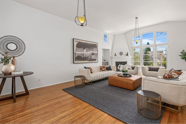 Fireplace, Interior, Living room, Pendant Lights, Wood Texture Flooring