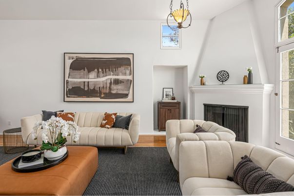 Fireplace, Interior, Living room, Pendant Lights, Wood Texture Flooring