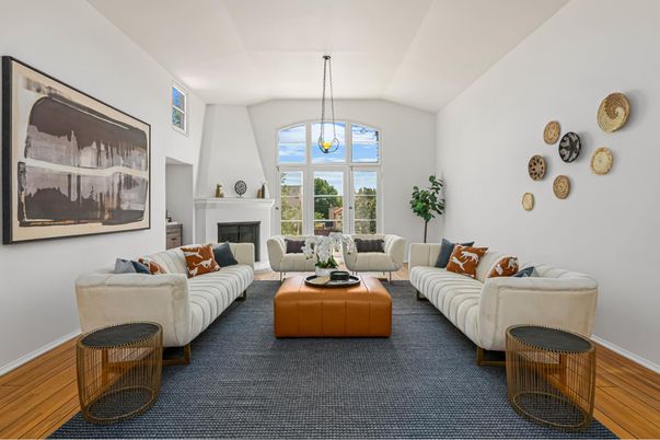 Fireplace, Interior, Living room, Pendant Lights, Wood Texture Flooring
