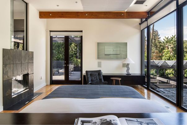 Bedroom, Fireplace, Interior, Recessed Lighting, Wooden Beams, Wood Texture Flooring
