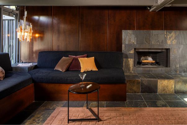 Fireplace, Interior, Living room, Pendant Lights, Wooden Walls
