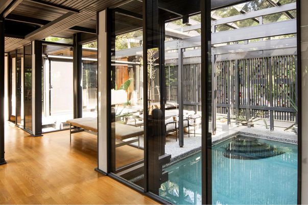 Interior, Pool, Sun Room, Wood Texture Flooring